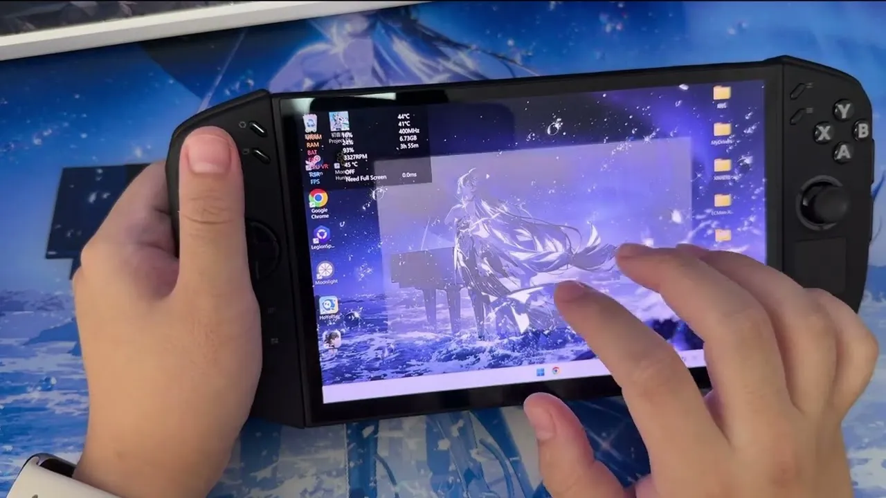 Leaked image showing the Lenovo Legion Go 2 prototype in action, highlighting its new display features.