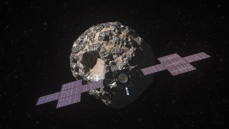 Artist's illustration depicts the NASA Psyche spacecraft orbiting the unique, metal-rich asteroid Psyche in the main asteroid belt.