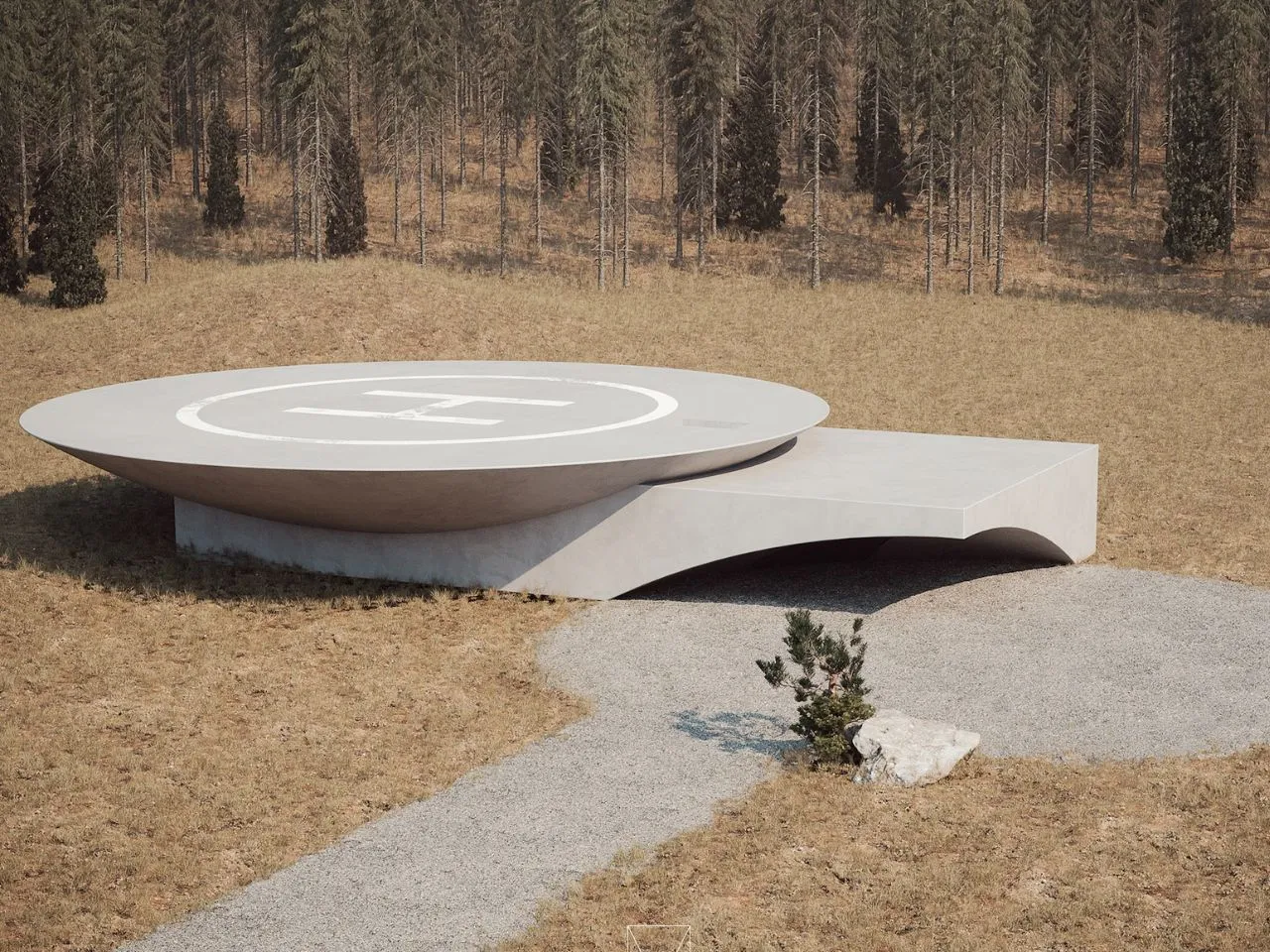 Architectural rendering of the minimalist above-ground entrance to MAKHNO Studio's 'Plan B' underground living space.