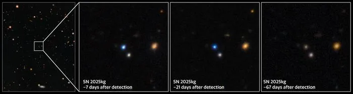 Sequence showing the fading light of Supernova SN 2025kg observed by Gemini and SOAR telescopes, following the Fast X-ray Transient EP 250108a from a massive star death.