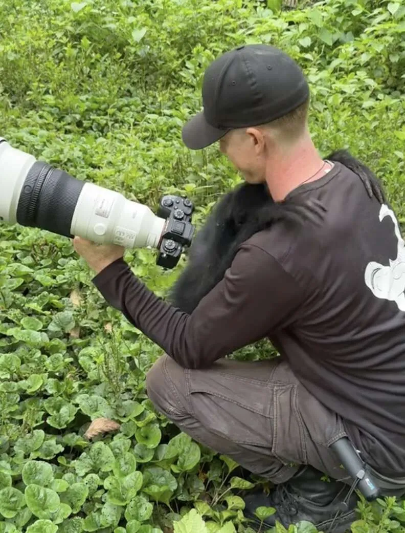 Rescued spider monkey Mikah gives a man a long hug