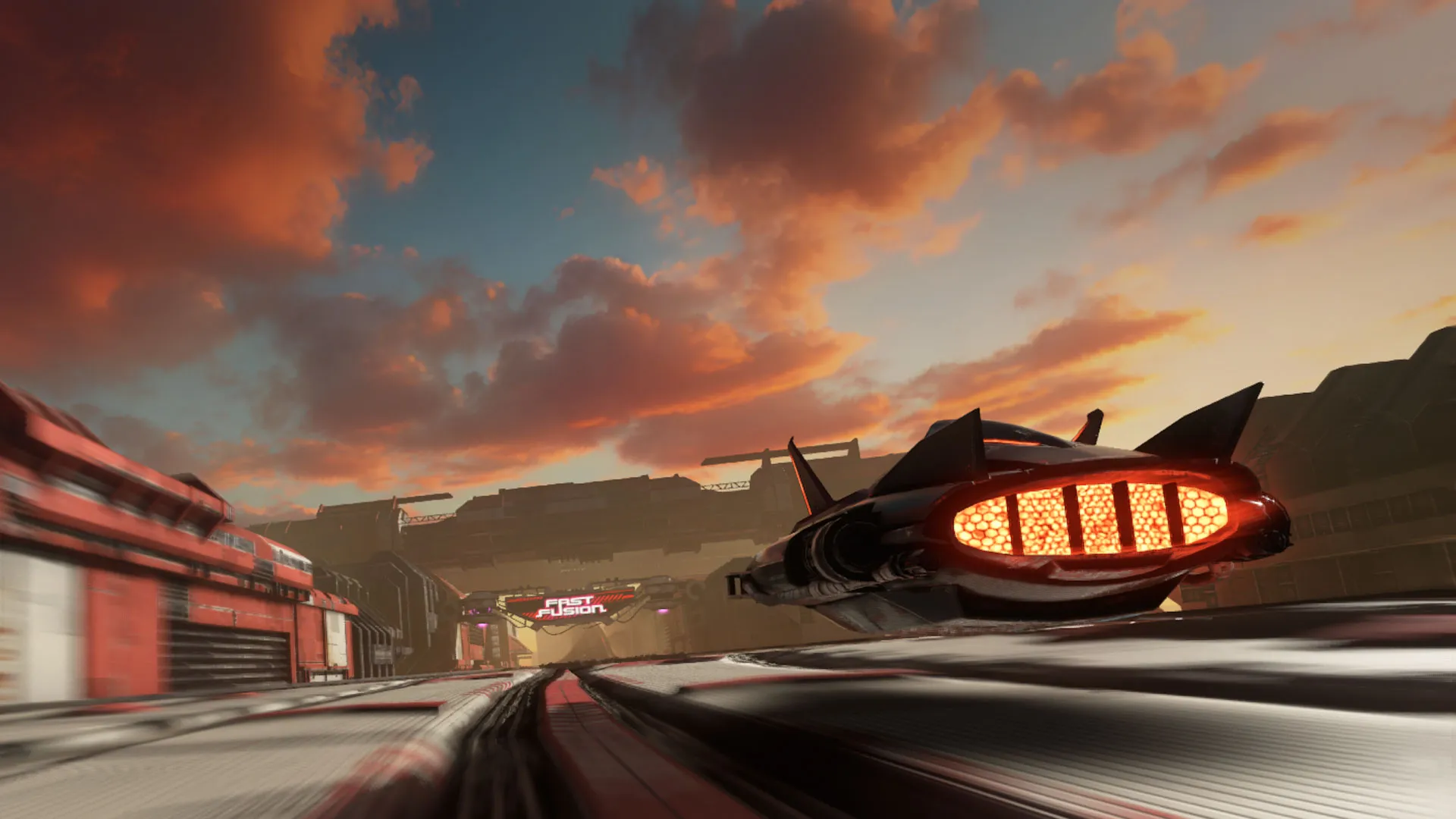 Vibrant screenshot of a hovercraft speeding through a futuristic cityscape in Fast Fusion, showcasing the Nintendo Switch 2's impressive graphics for sci-fi racing.
