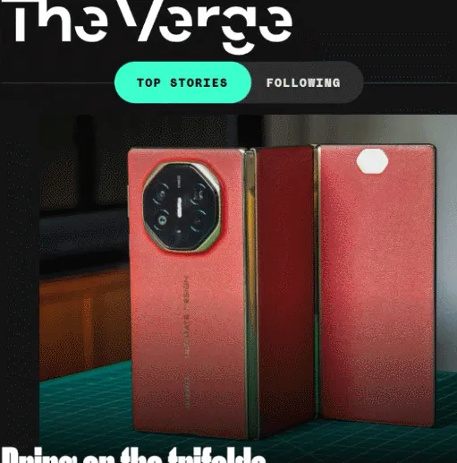 Animated GIF showing a user clicking to follow the 'AI' topic on The Verge website, personalizing their tech news feed.
